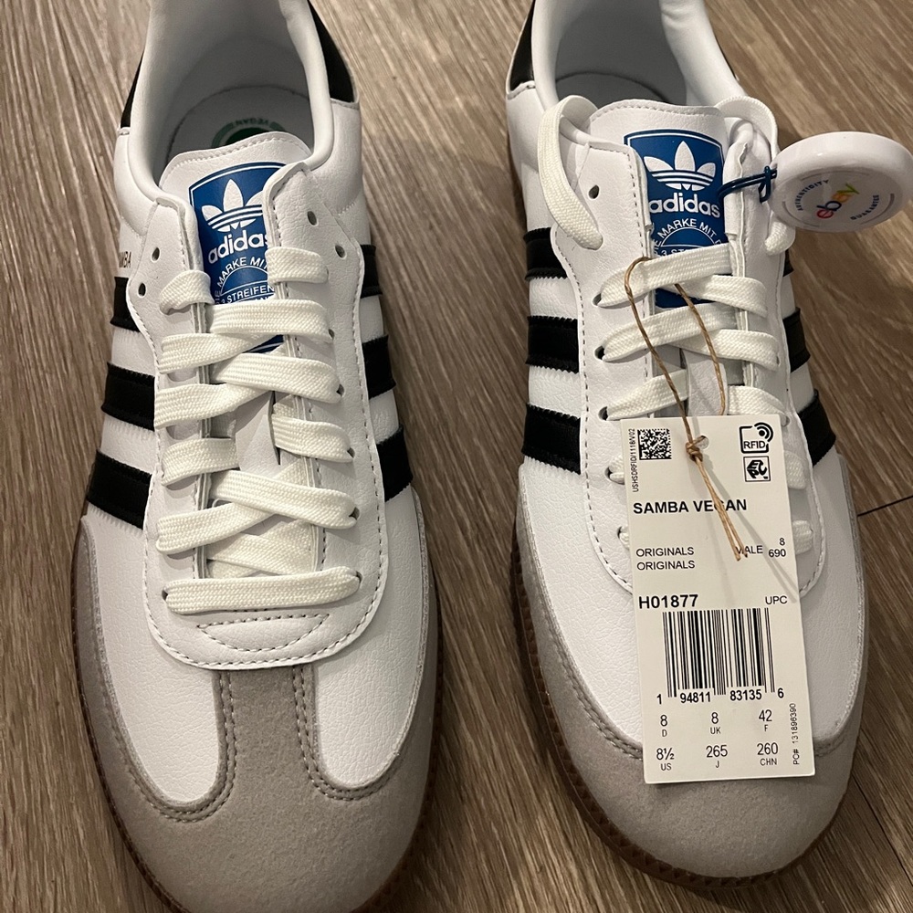 BNWT Adidas Samba Vegan white with black stripes 8.5M/9.5W authentic